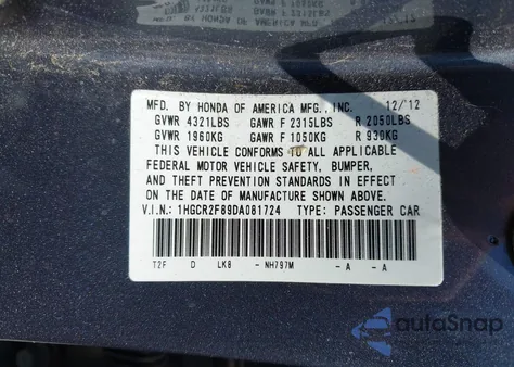 2013 Honda Accord Ex-L z USA, uszkodzony, nr VIN 1HGCR2F89DA081724